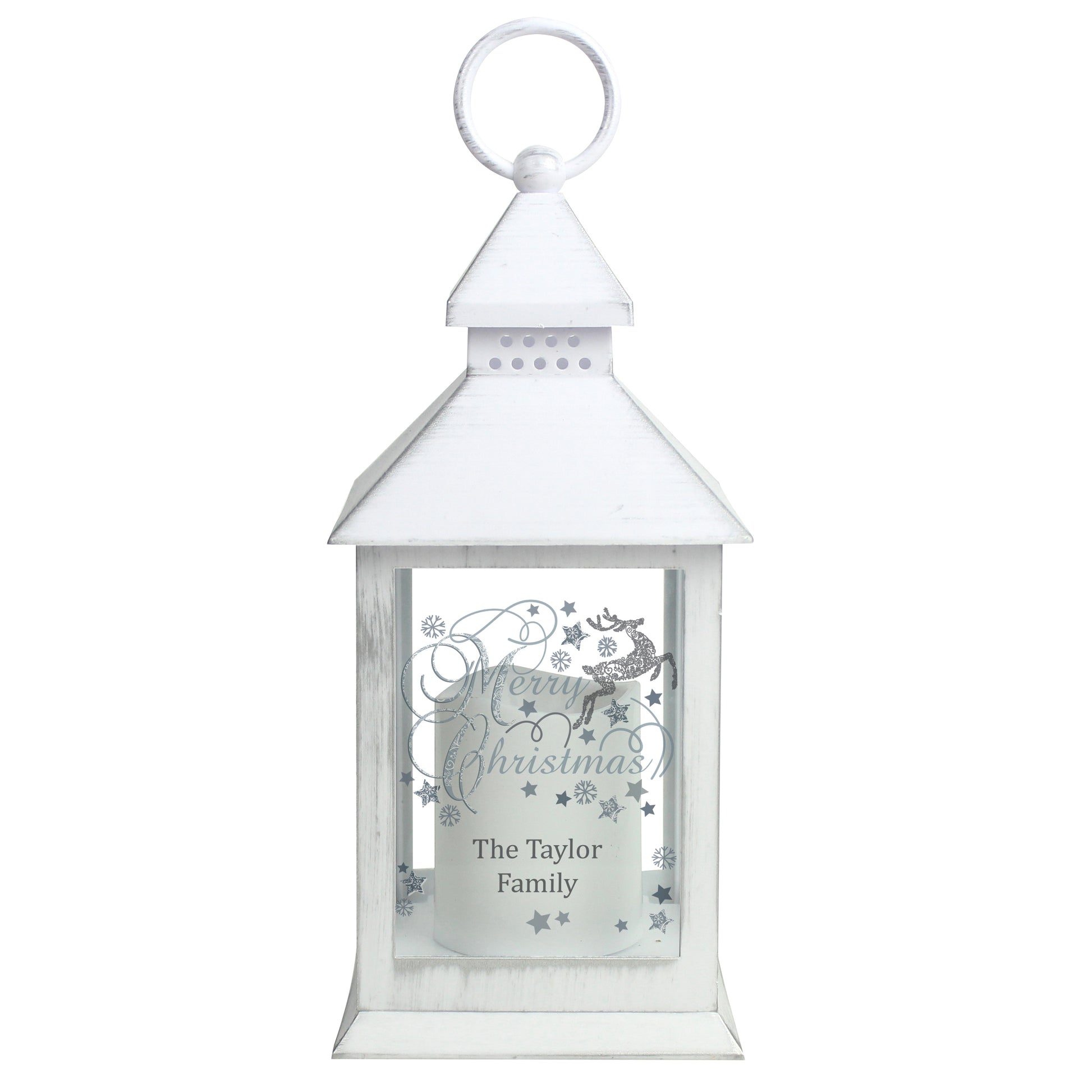 Personalised Silver Reindeer White Lantern - MK&JD Gifts
