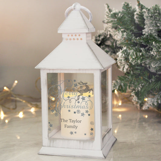 Personalised Silver Reindeer White Lantern - MK&JD Gifts