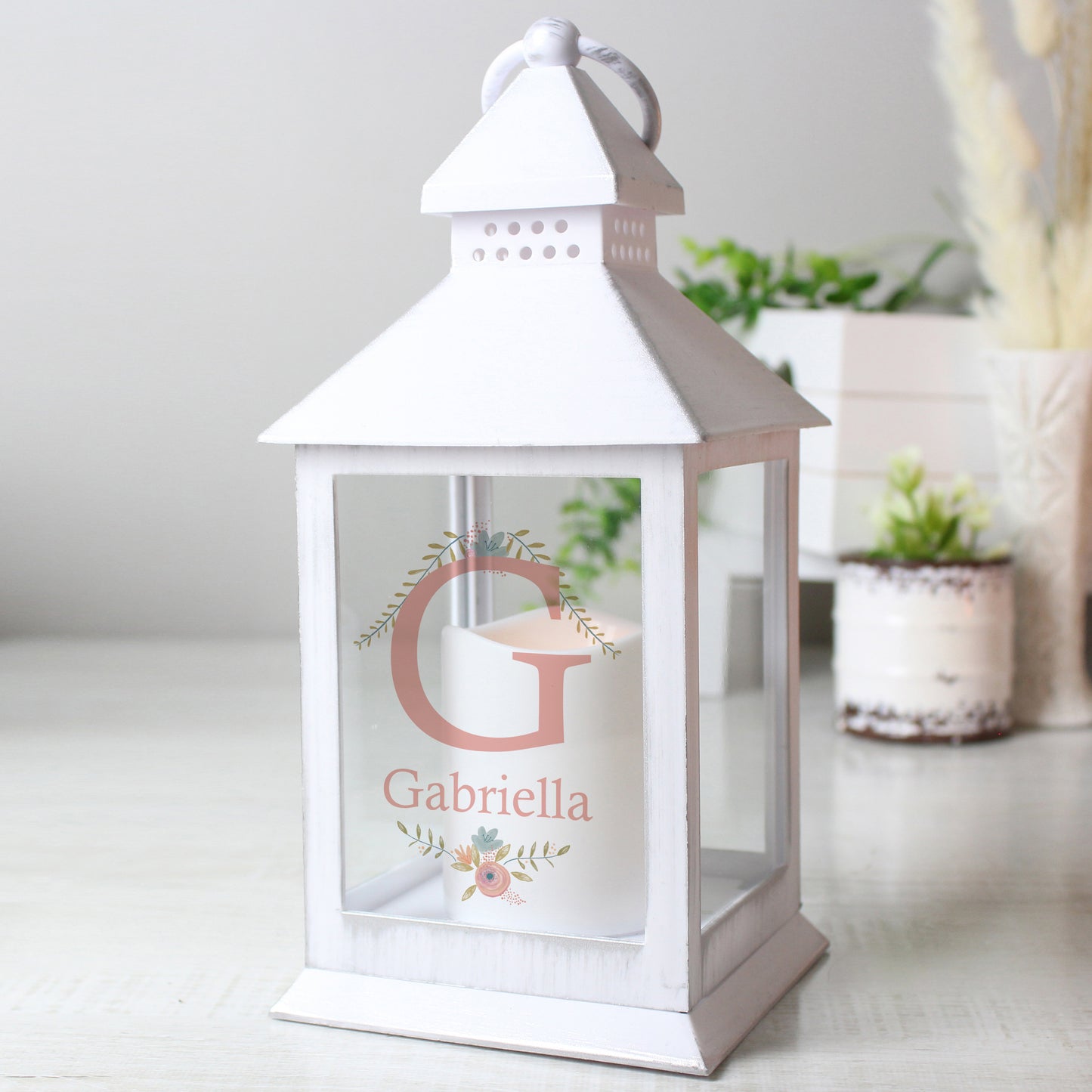 Personalised Floral Bouquet White Lantern - MK&JD Gifts