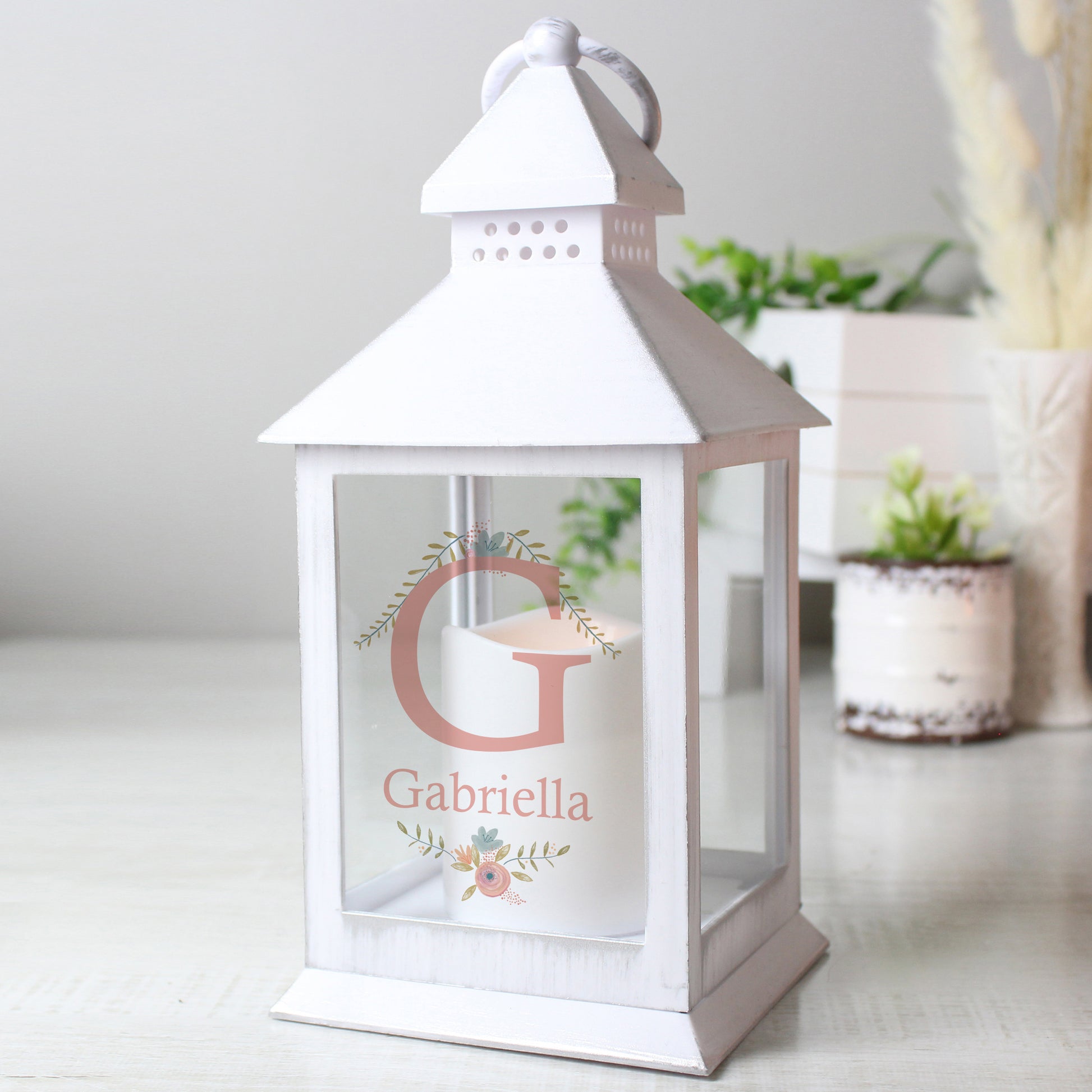 Personalised Floral Bouquet White Lantern - MK&JD Gifts