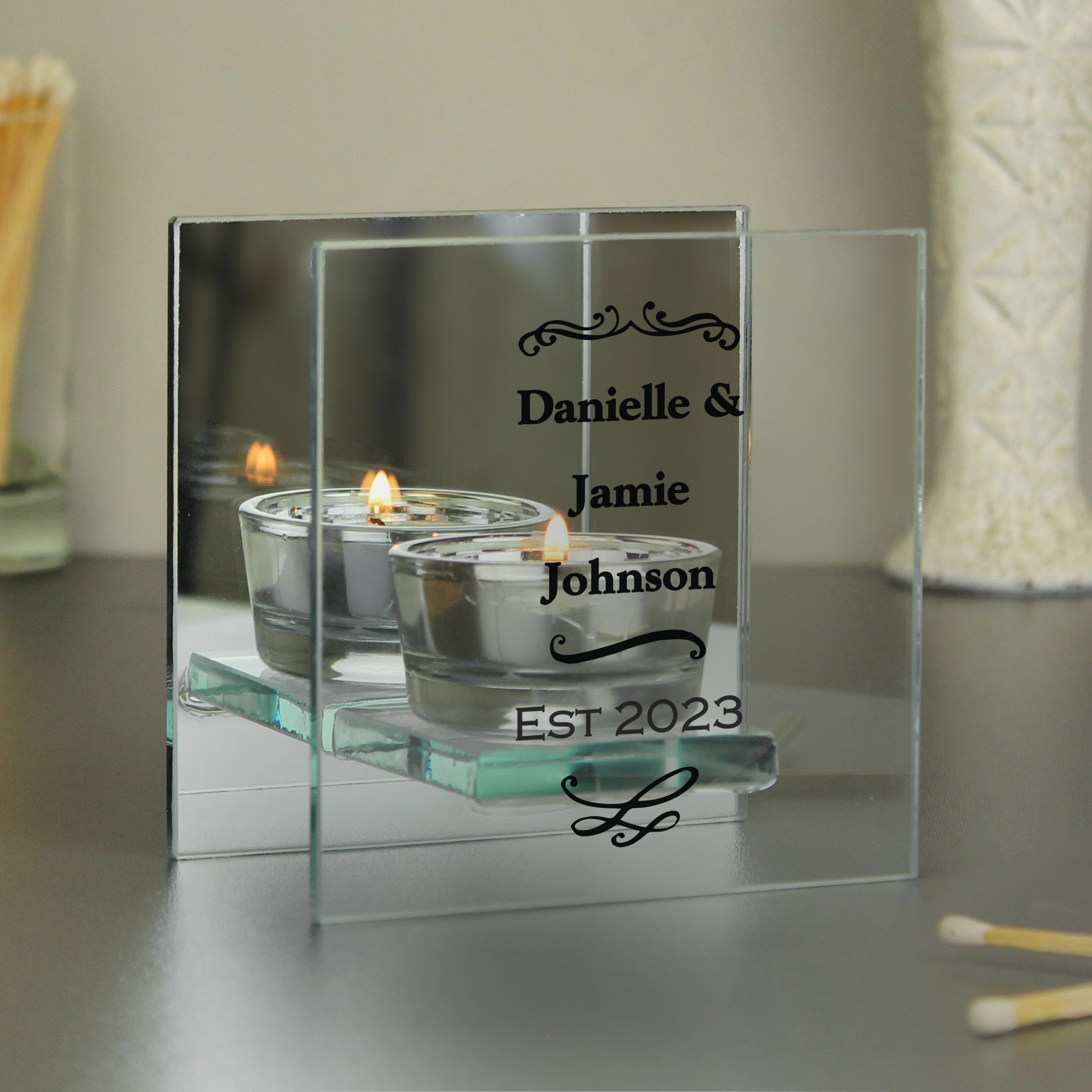 Personalised Antique Scroll Mirrored Glass Tea Light Candle Holder - MK&JD Gifts