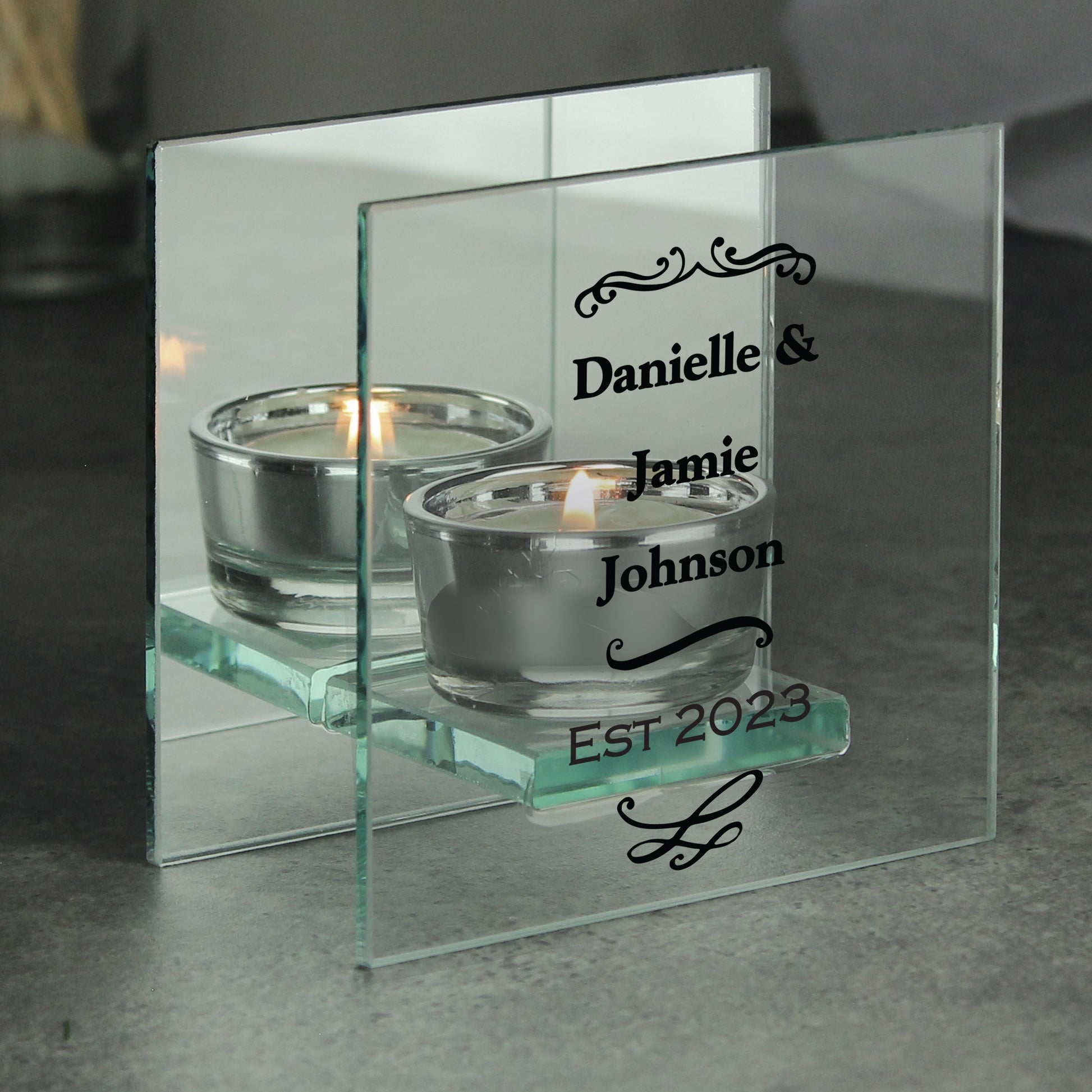 Personalised Antique Scroll Mirrored Glass Tea Light Candle Holder - MK&JD Gifts