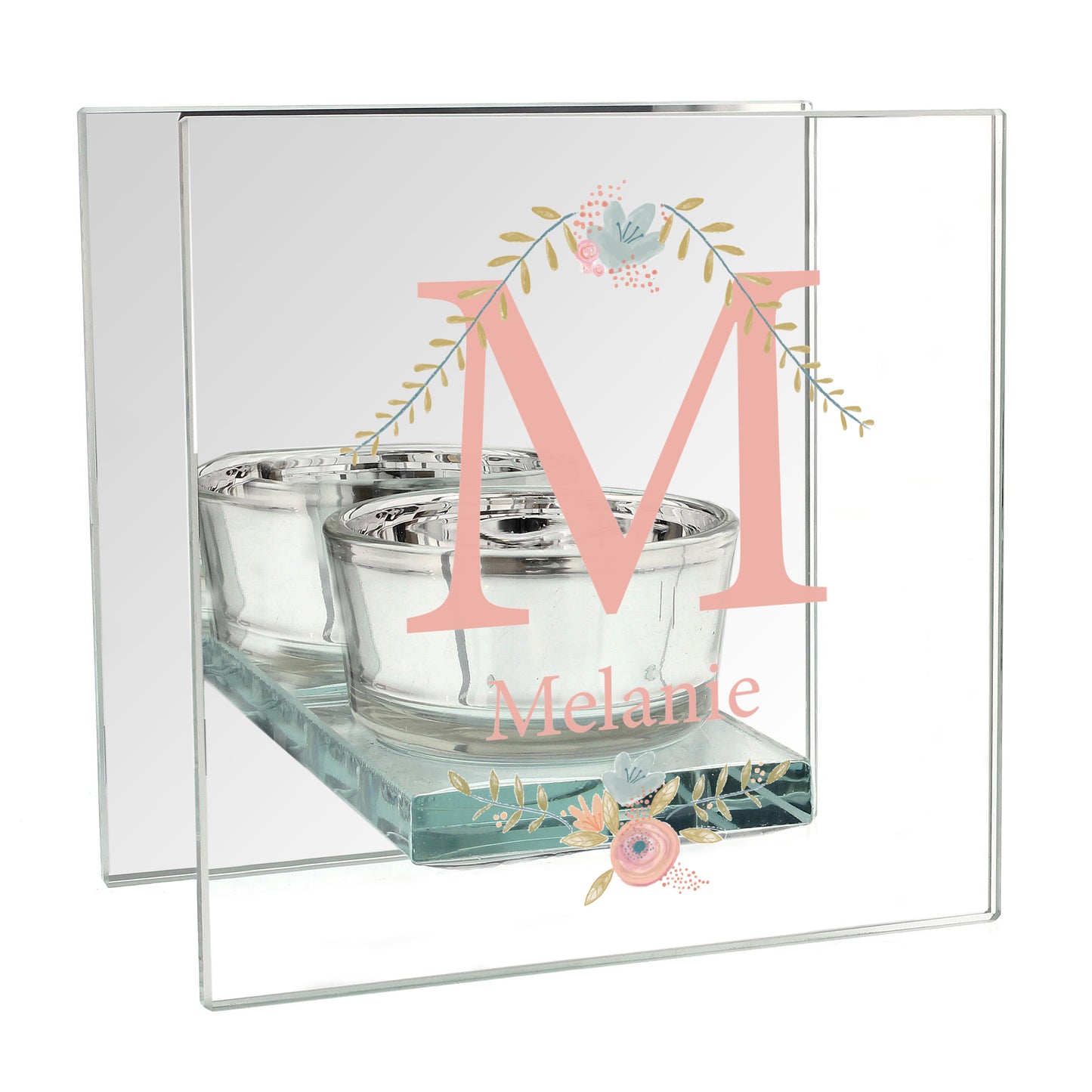 Personalised Floral Bouquet Mirrored Glass Tea Light Candle Holder - MK&JD Gifts