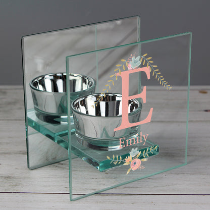 Personalised Floral Bouquet Mirrored Glass Tea Light Candle Holder - MK&JD Gifts