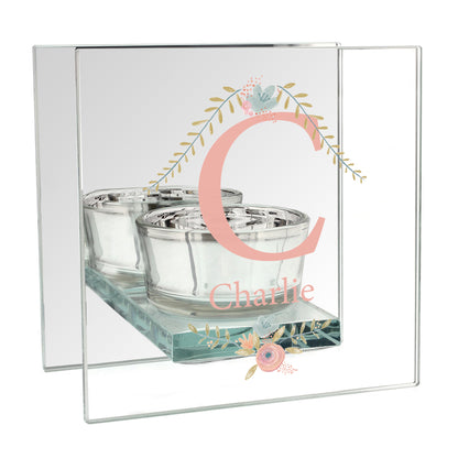 Personalised Floral Bouquet Mirrored Glass Tea Light Candle Holder - MK&JD Gifts