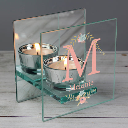 Personalised Floral Bouquet Mirrored Glass Tea Light Candle Holder - MK&JD Gifts