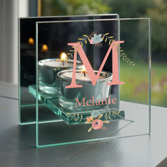 Personalised Floral Bouquet Mirrored Glass Tea Light Candle Holder - MK&JD Gifts