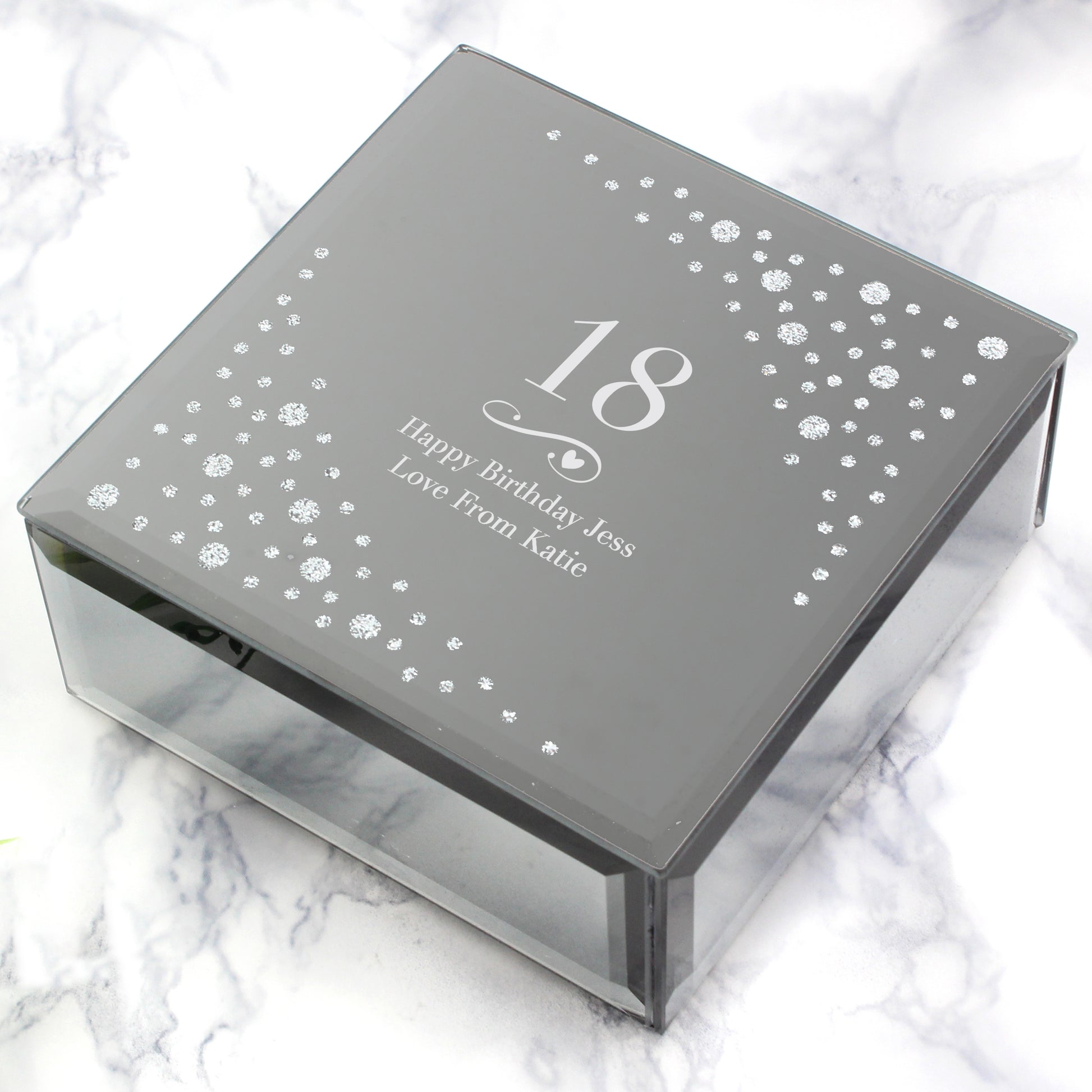 Personalised Big Age Swirls & Hearts Diamante Glass Trinket Box - MK&JD Gifts