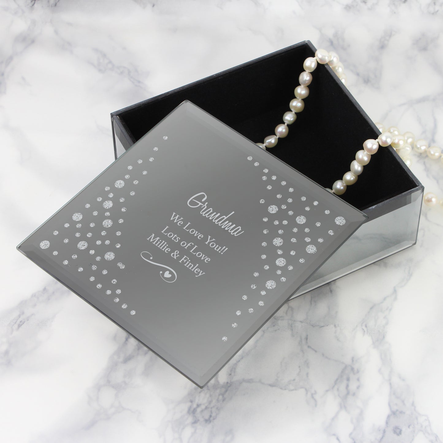 Personalised Any Message Swirls & Hearts Diamante Glass Trinket Box - MK&JD Gifts