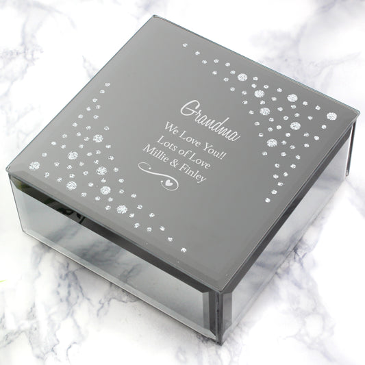 Personalised Any Message Swirls & Hearts Diamante Glass Trinket Box - MK&JD Gifts