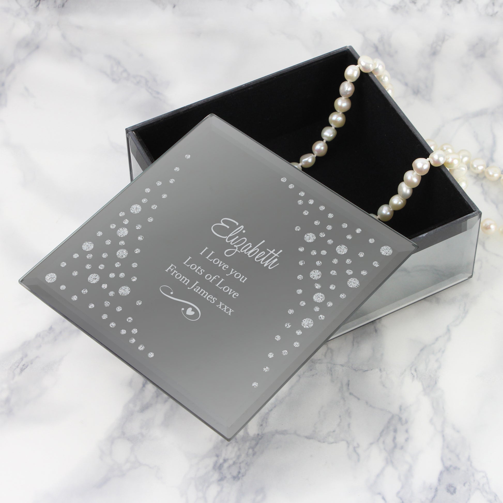 Personalised Any Message Swirls & Hearts Diamante Glass Trinket Box - MK&JD Gifts