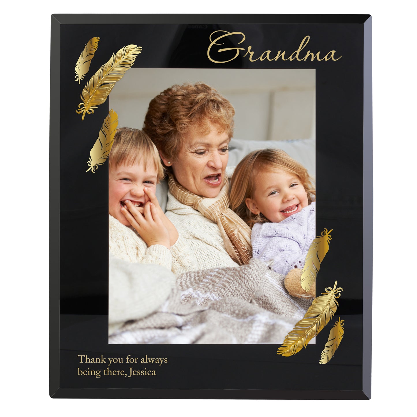Personalised Golden Feather 5x7 Black Glass Photo Frame - MK&JD Gifts