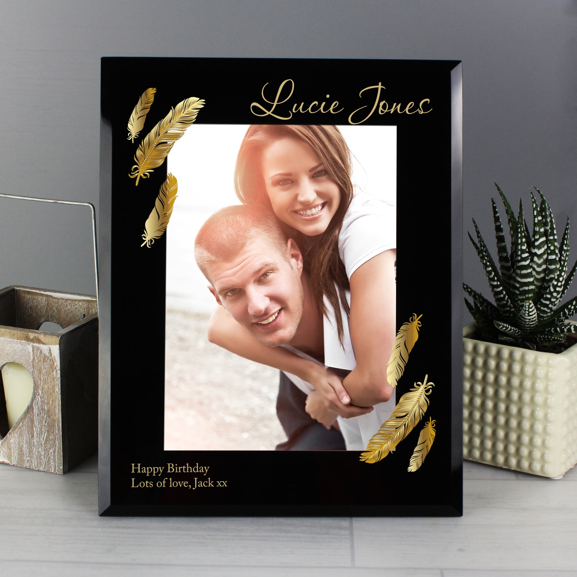 Personalised Golden Feather 5x7 Black Glass Photo Frame - MK&JD Gifts