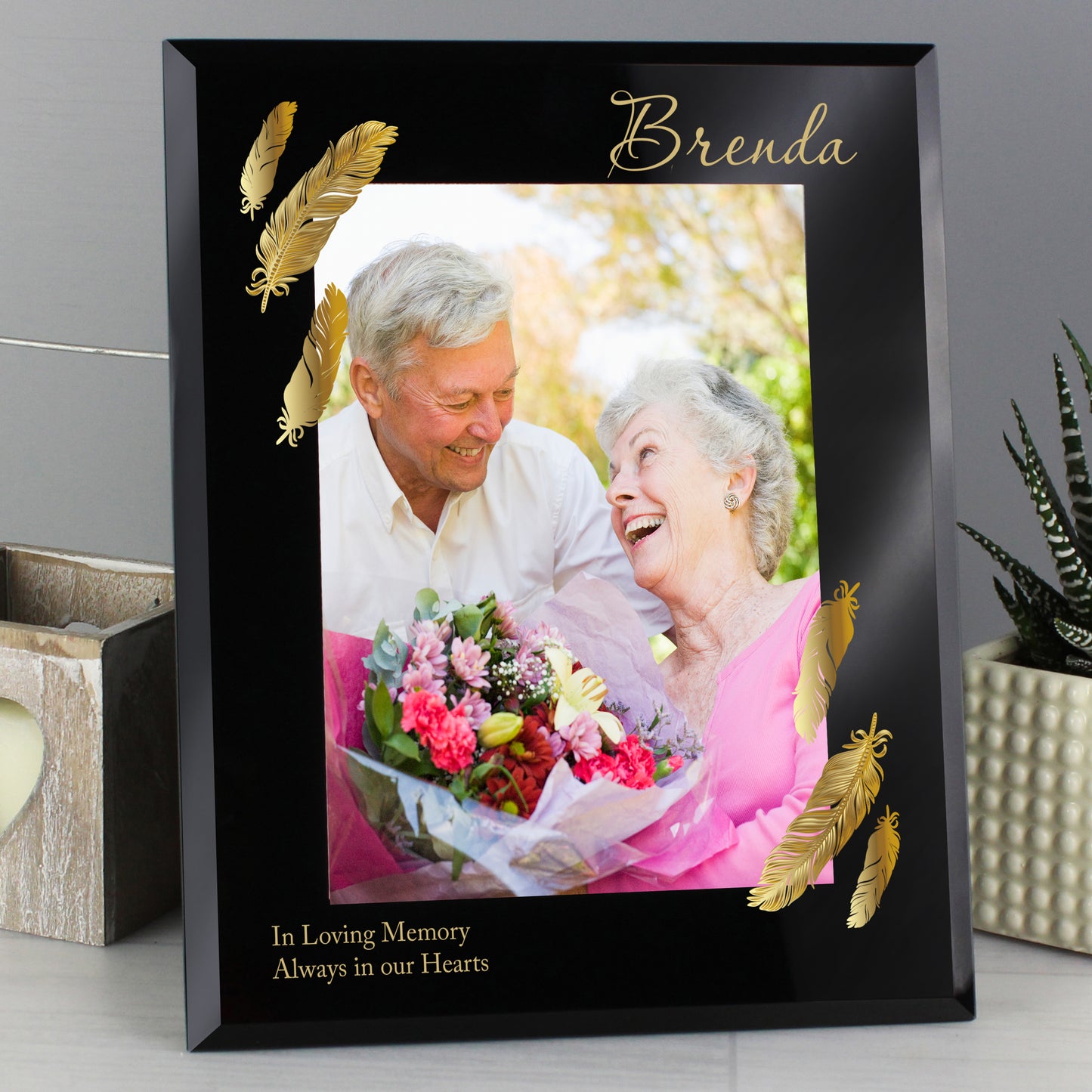 Personalised Golden Feather 5x7 Black Glass Photo Frame - MK&JD Gifts