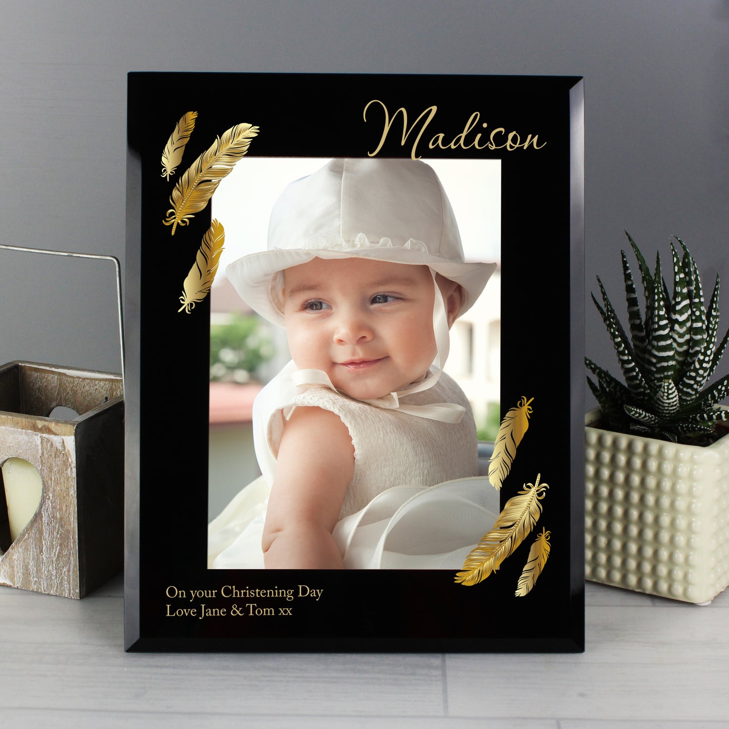 Personalised Golden Feather 5x7 Black Glass Photo Frame - MK&JD Gifts