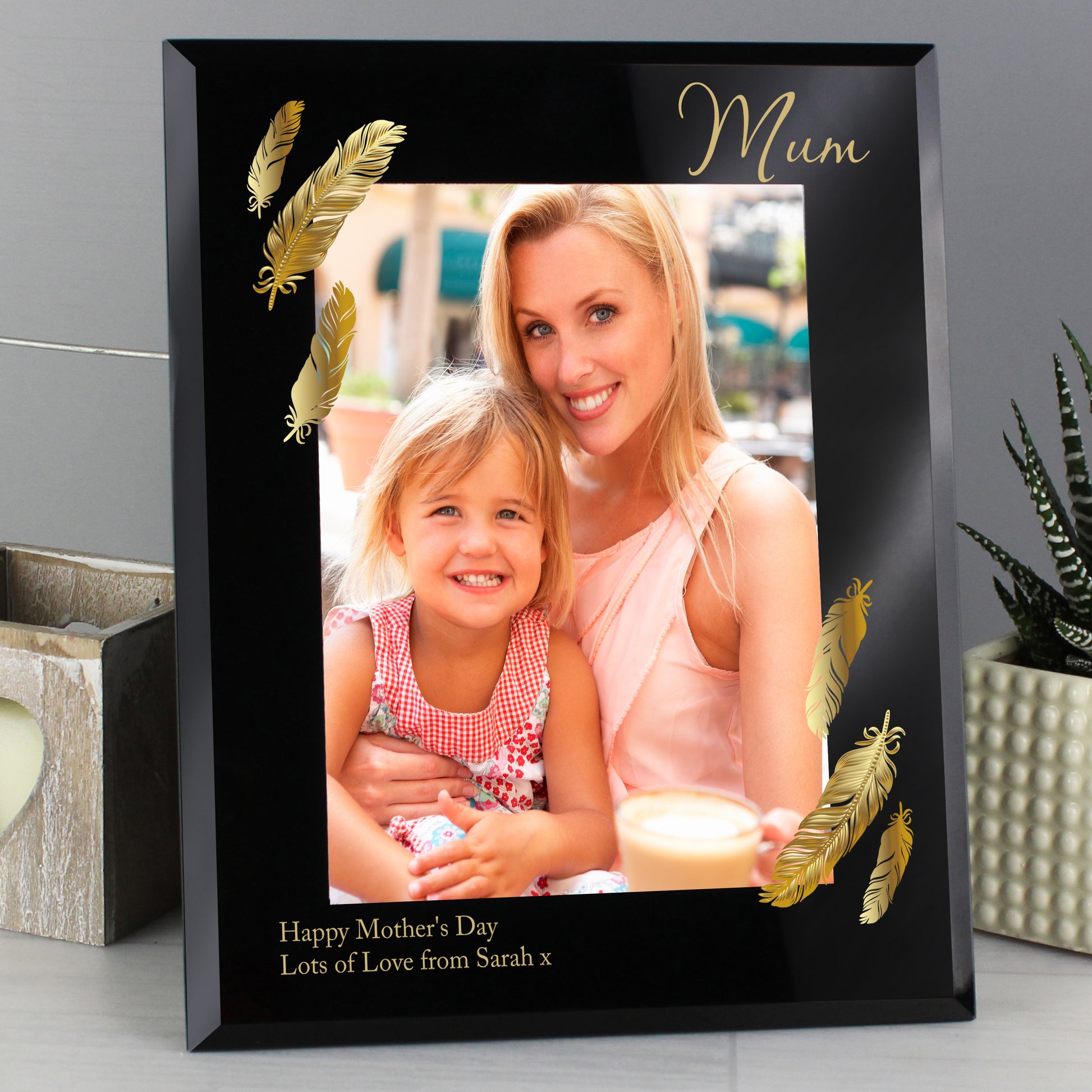 Personalised Golden Feather 5x7 Black Glass Photo Frame - MK&JD Gifts