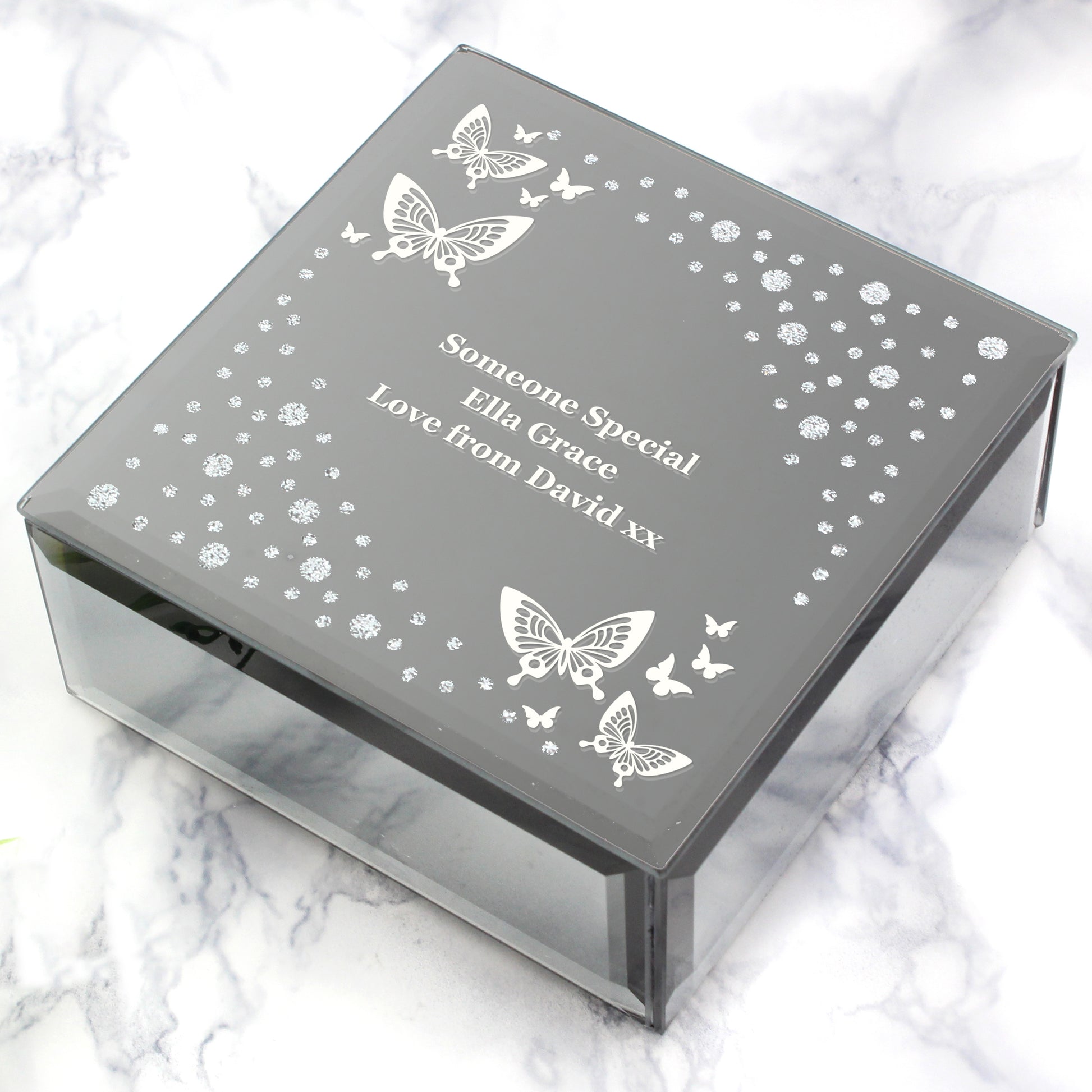 Personalised White Butterfly Diamante Glass Trinket Box - MK&JD Gifts