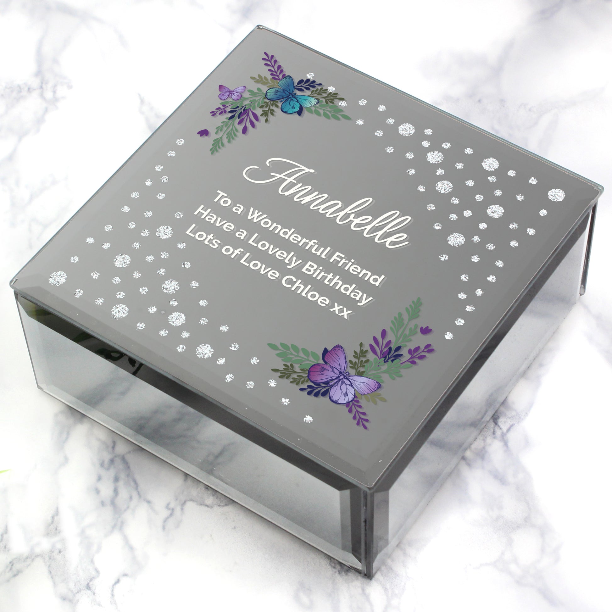 Personalised Floral Butterfly Diamante Glass Trinket Box - MK&JD Gifts