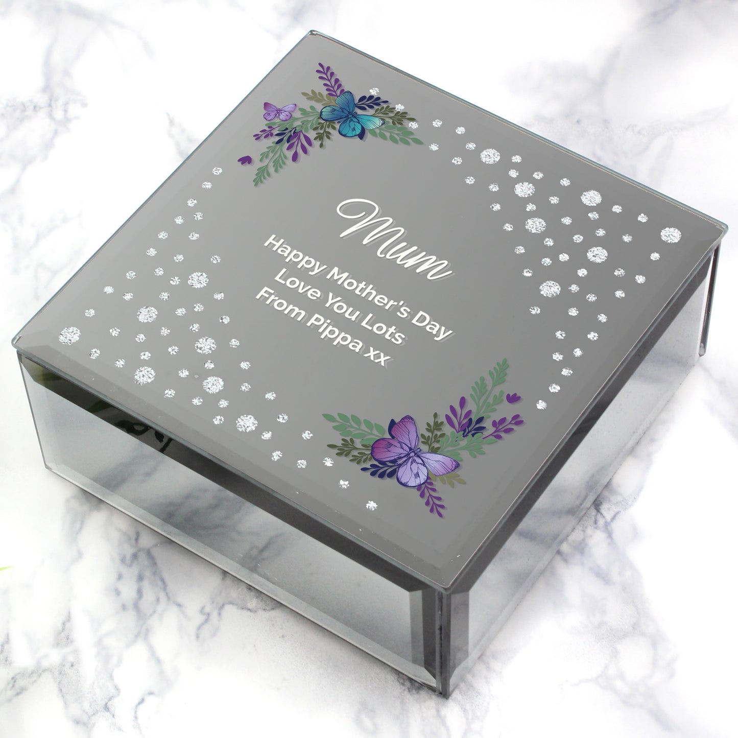 Personalised Floral Butterfly Diamante Glass Trinket Box - MK&JD Gifts