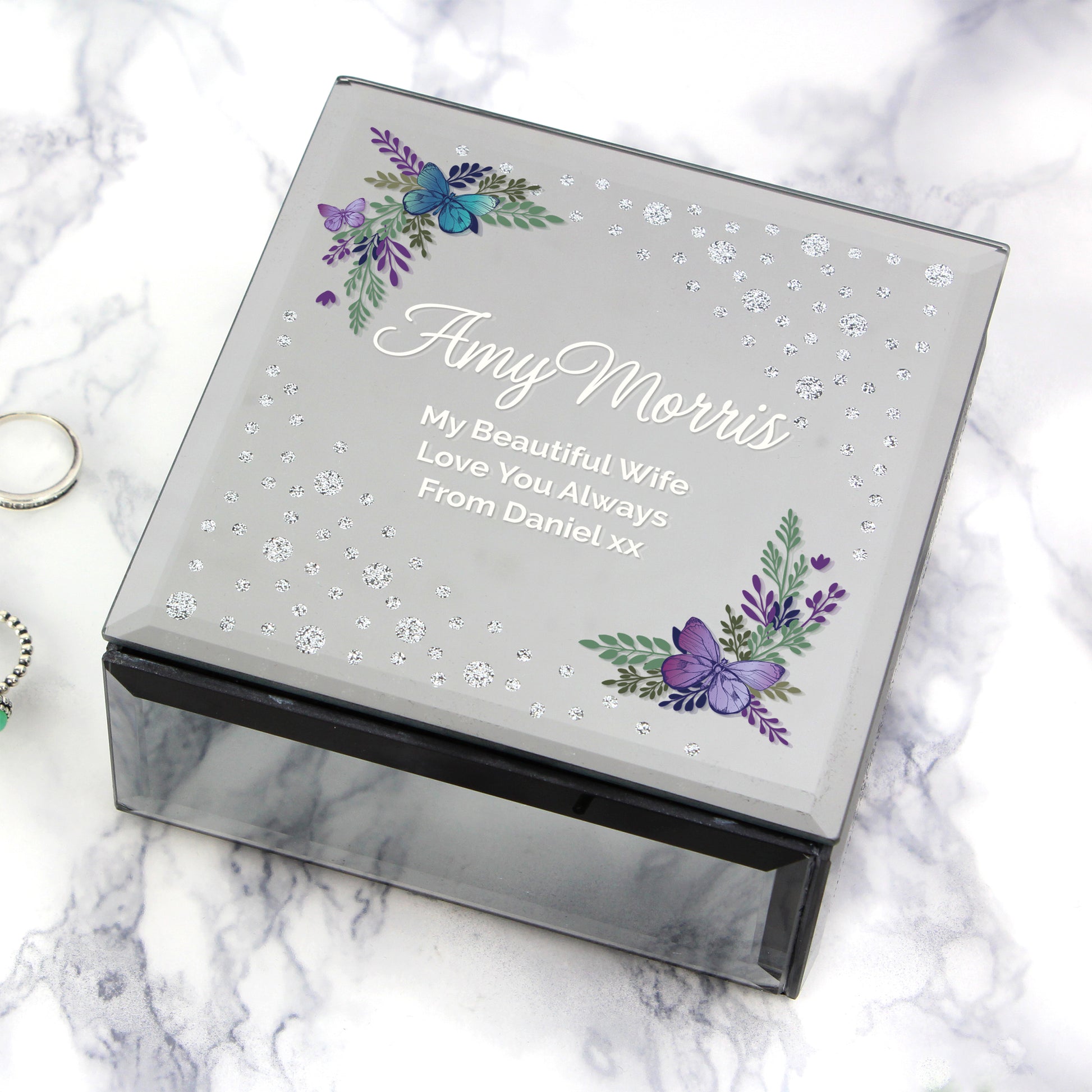 Personalised Floral Butterfly Diamante Glass Trinket Box - MK&JD Gifts