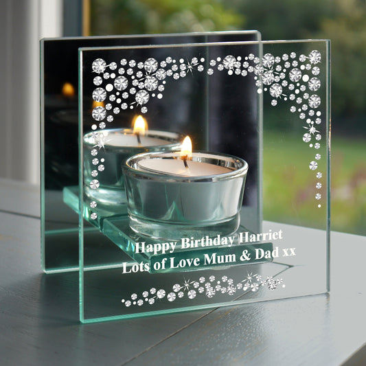 Personalised Diamante Effect Mirrored Glass Tea Light Candle Holder - MK&JD Gifts