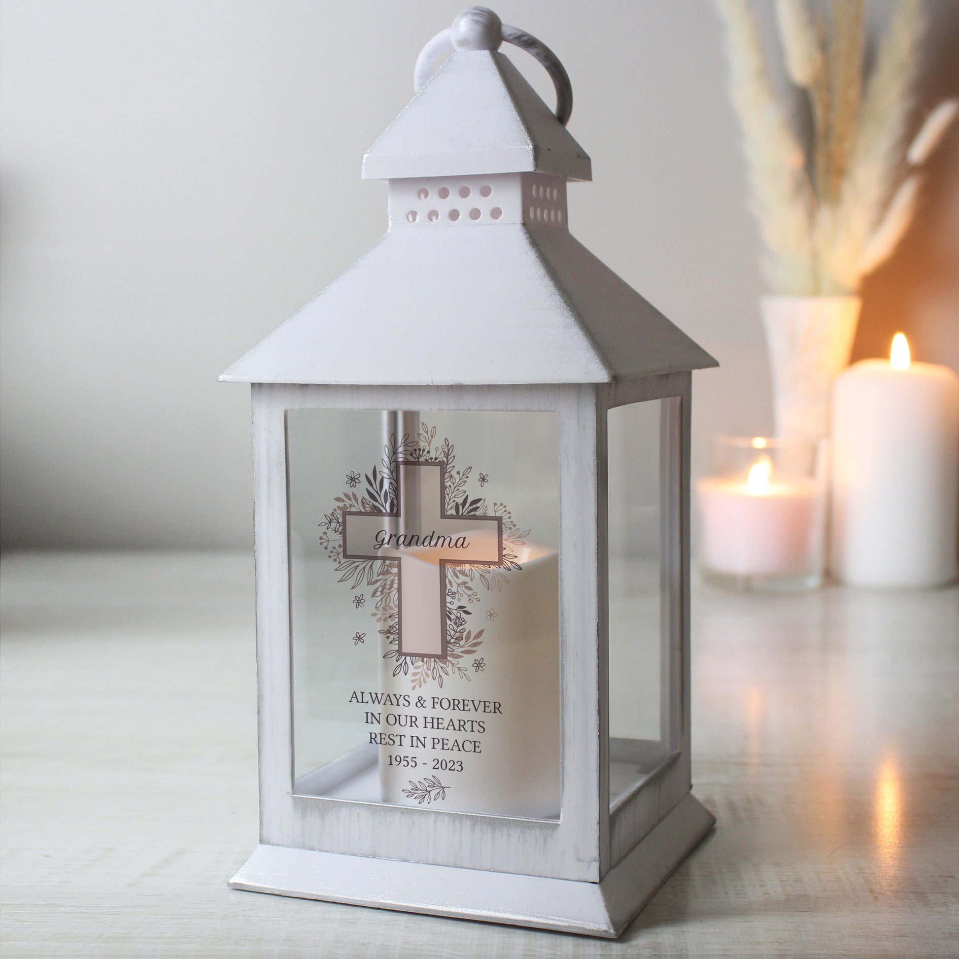 Personalised Floral Cross White Lantern - MK&JD Gifts