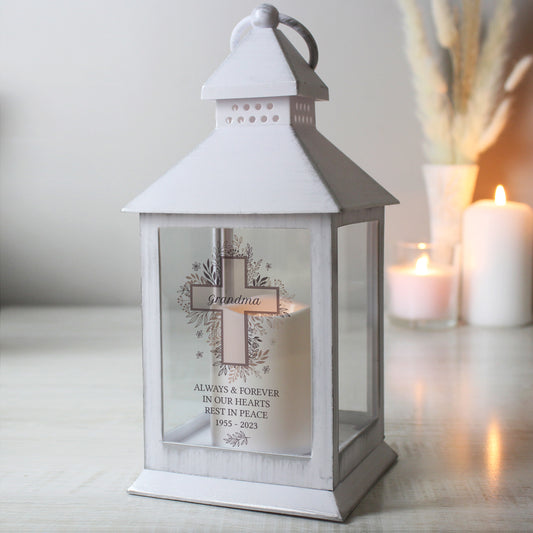 Personalised Floral Cross White Lantern - MK&JD Gifts
