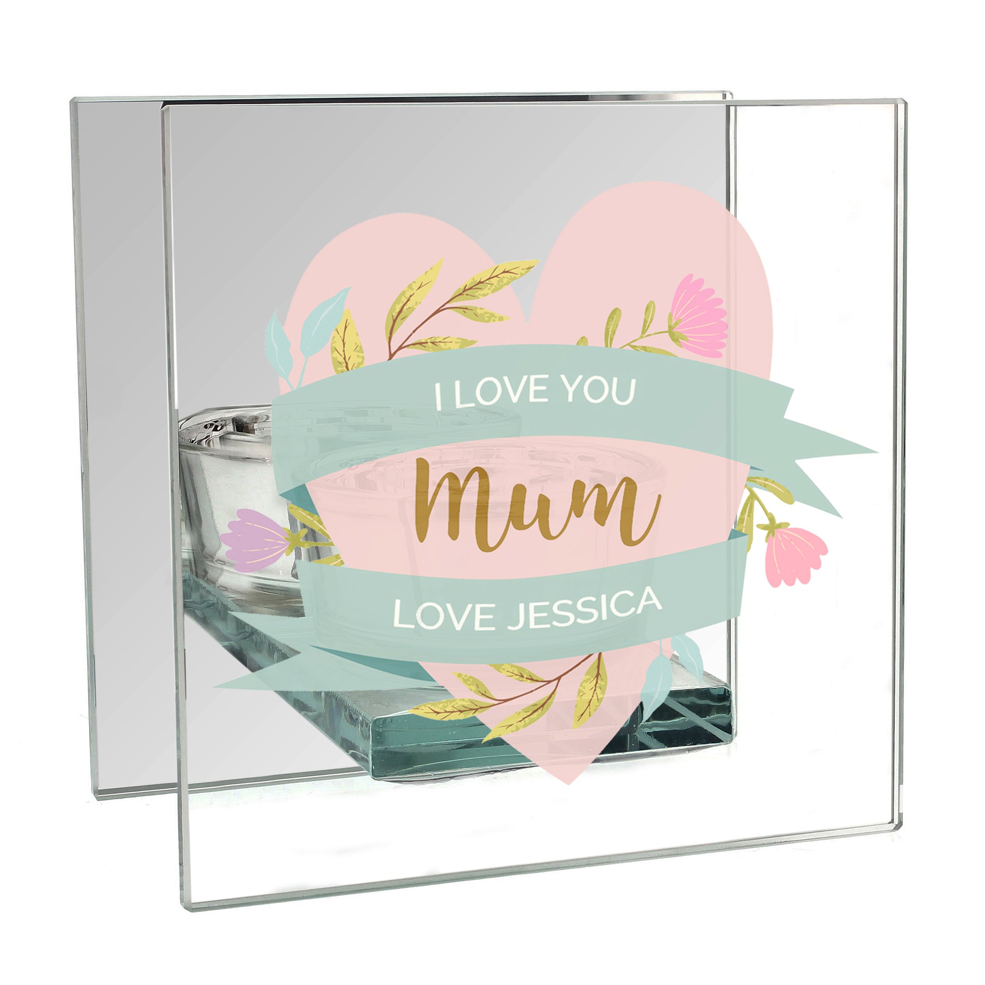 Personalised Floral Heart Mothers Day Mirrored Glass Tea Light Holder - MK&JD Gifts