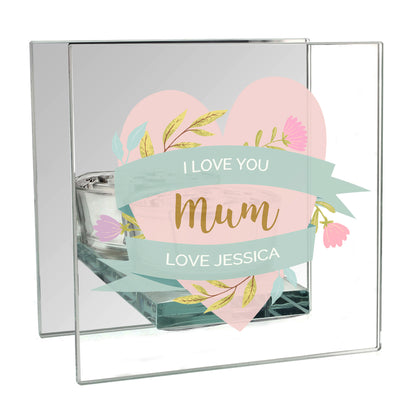 Personalised Floral Heart Mothers Day Mirrored Glass Tea Light Holder - MK&JD Gifts
