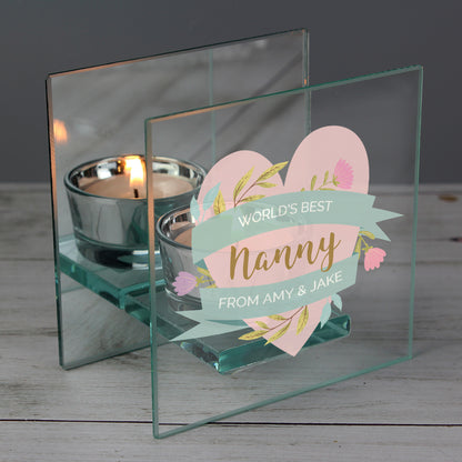 Personalised Floral Heart Mothers Day Mirrored Glass Tea Light Holder - MK&JD Gifts