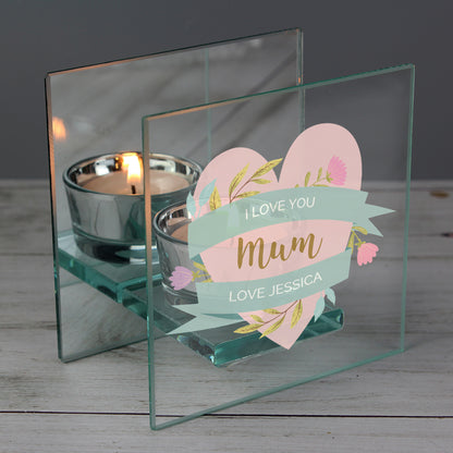 Personalised Floral Heart Mothers Day Mirrored Glass Tea Light Holder - MK&JD Gifts