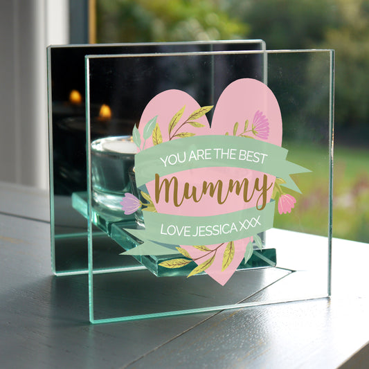 Personalised Floral Heart Mothers Day Mirrored Glass Tea Light Holder - MK&JD Gifts