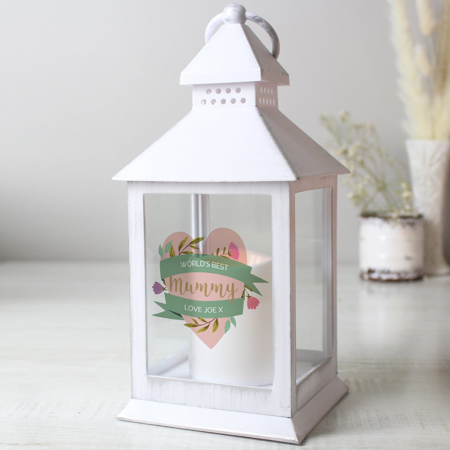 Personalised Floral Heart Mothers Day White Lantern - MK&JD Gifts