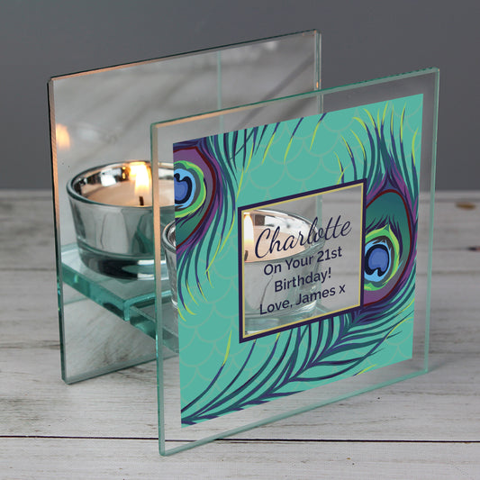 Personalised Peacock Mirrored Glass Tea Light Candle Holder - MK&JD Gifts