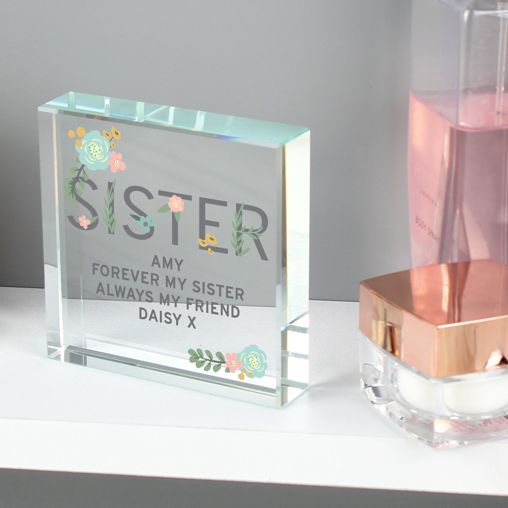 Personalised Floral Sister  Crystal Token - MK&JD Gifts
