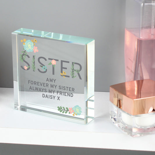 Personalised Floral Sister  Crystal Token - MK&JD Gifts
