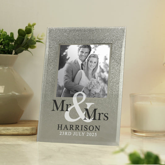 Personalised Mr & Mrs 4x4 Glitter Glass Photo Frame - MK&JD Gifts