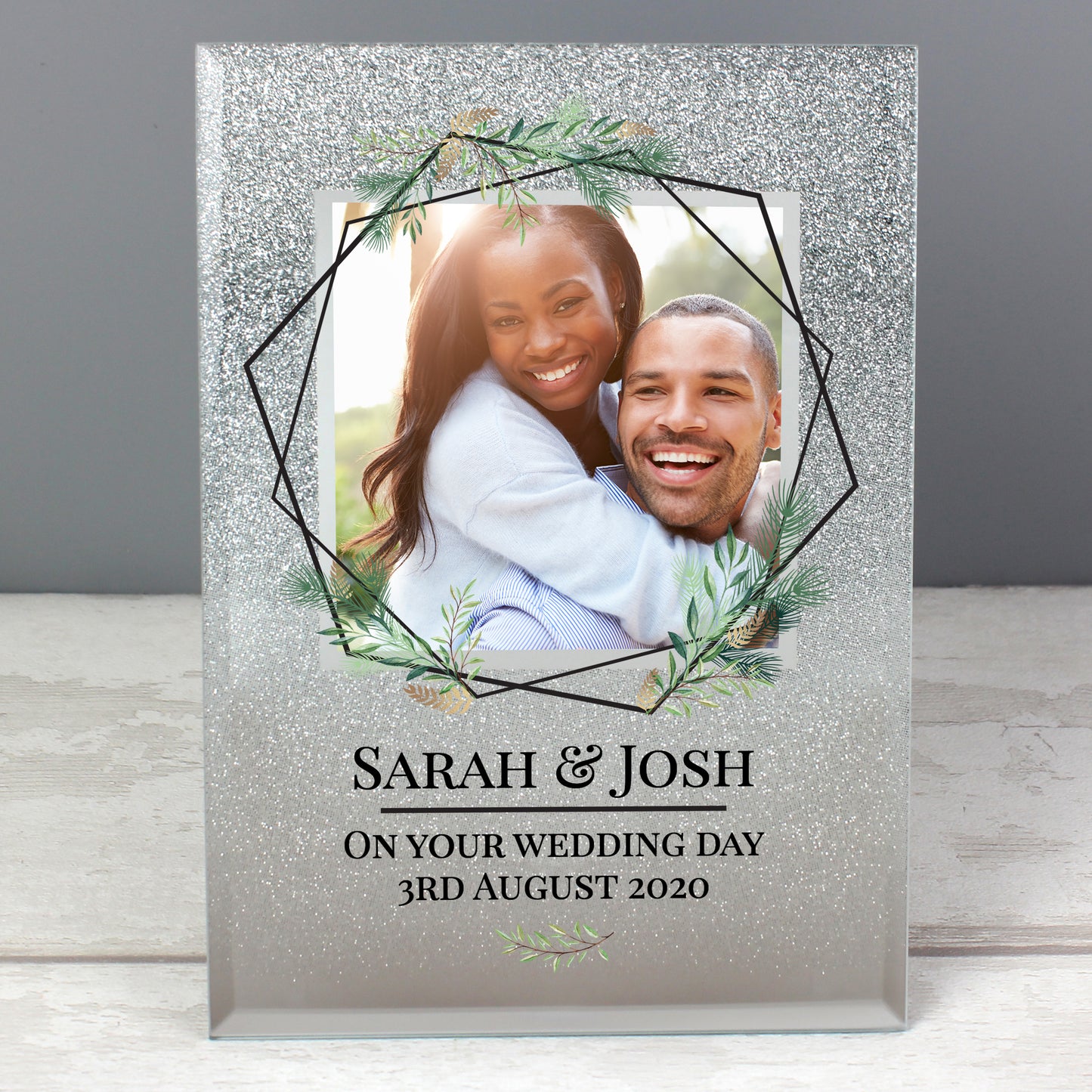 Personalised Geo Leaves 4x4 Glitter Glass Photo Frame - MK&JD Gifts