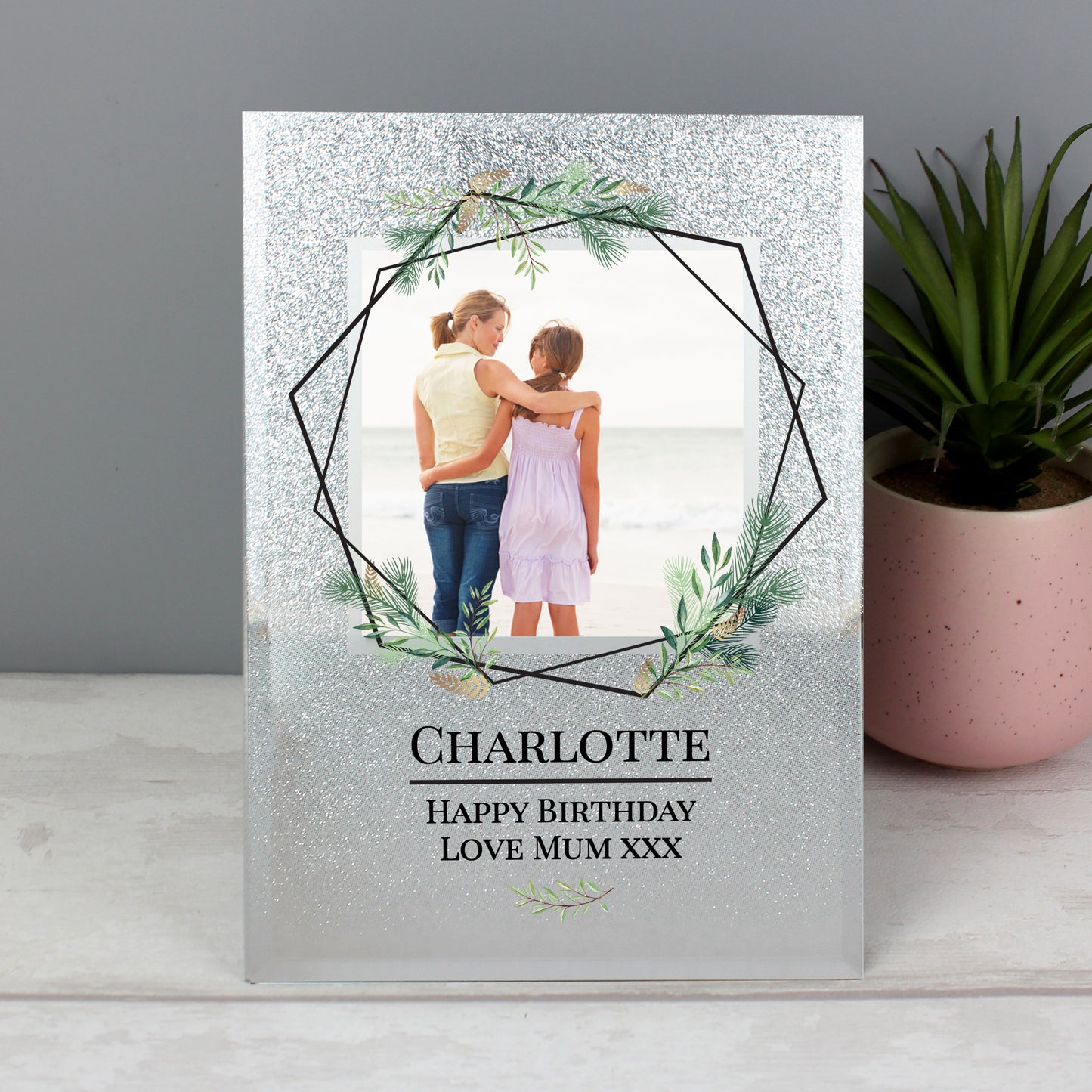 Personalised Geo Leaves 4x4 Glitter Glass Photo Frame - MK&JD Gifts