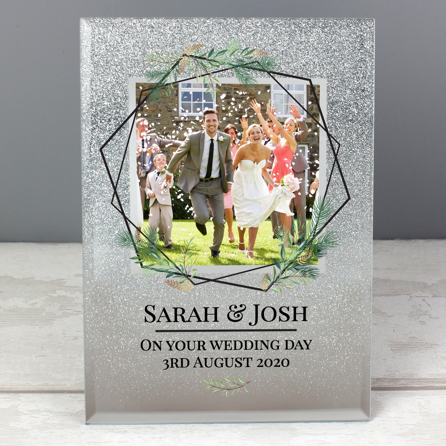 Personalised Geo Leaves 4x4 Glitter Glass Photo Frame - MK&JD Gifts