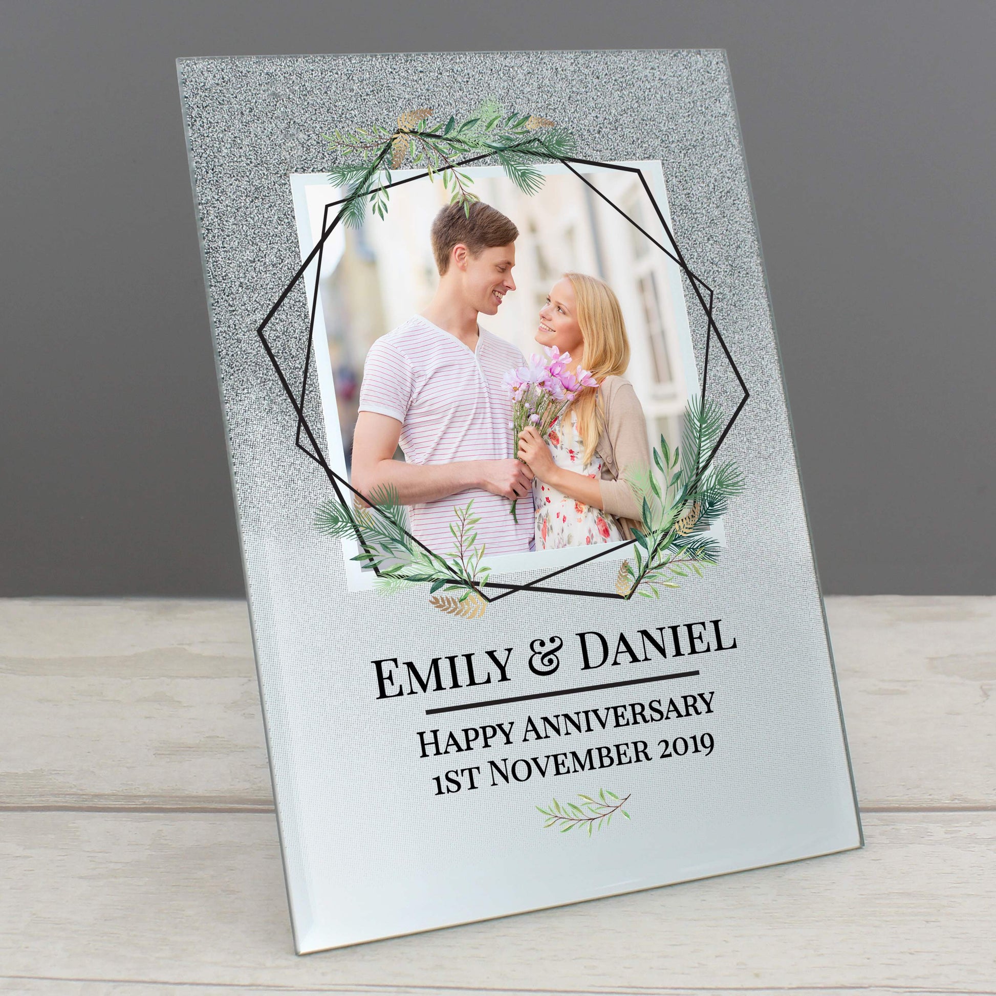 Personalised Geo Leaves 4x4 Glitter Glass Photo Frame - MK&JD Gifts