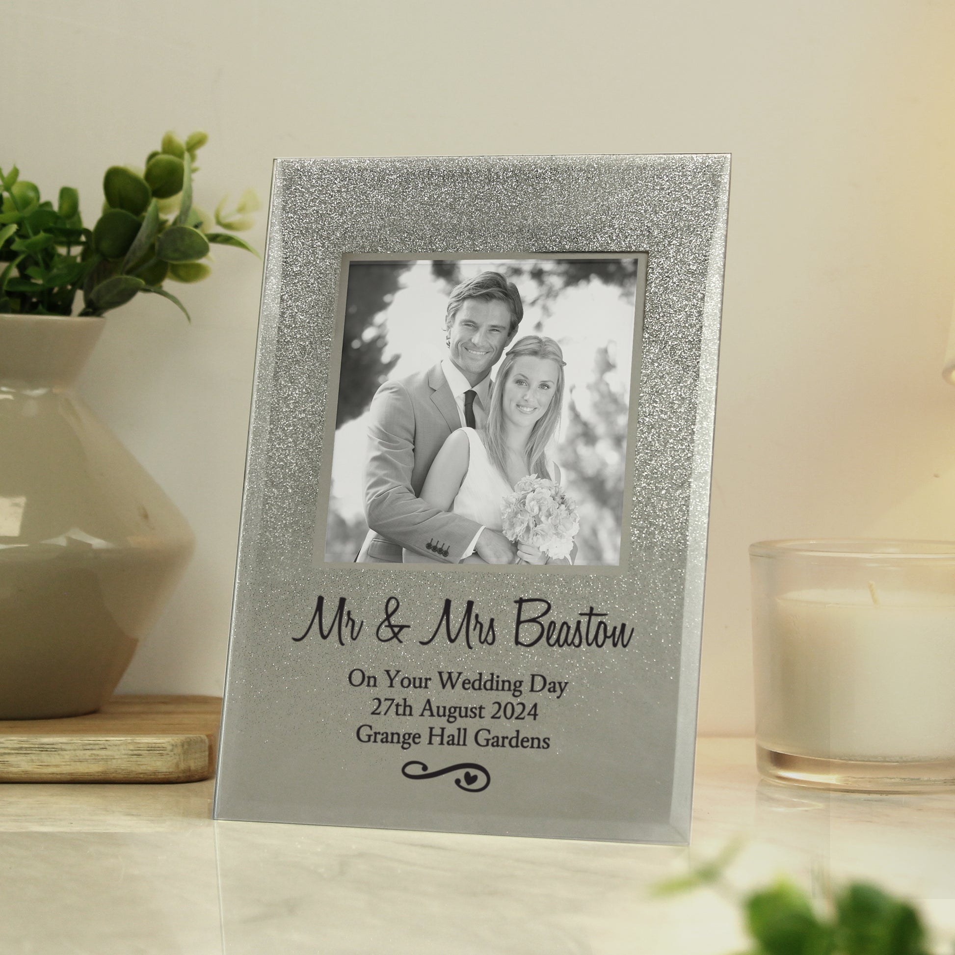 Personalised Heart & Swirl 4x4 Glitter Glass Photo Frame - MK&JD Gifts
