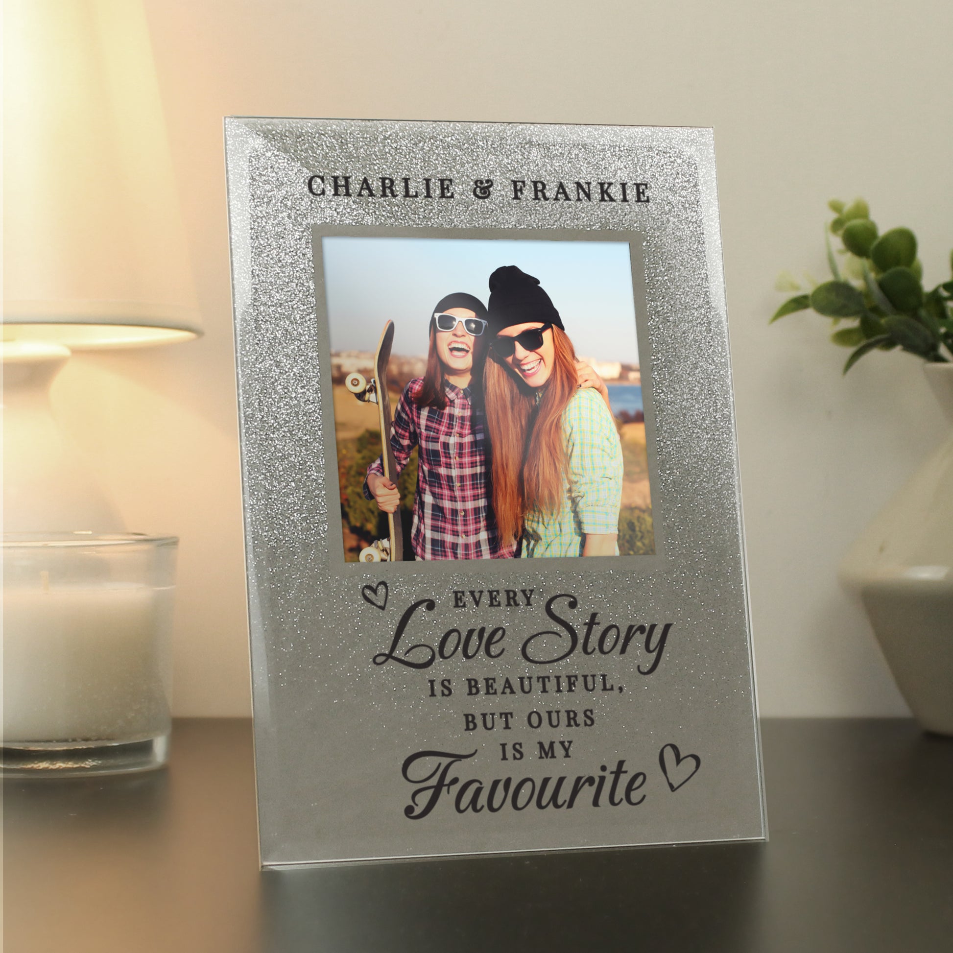 Personalised Every Love Story Is Beautiful 4x4 Glitter Glass Photo Frame - MK&JD Gifts