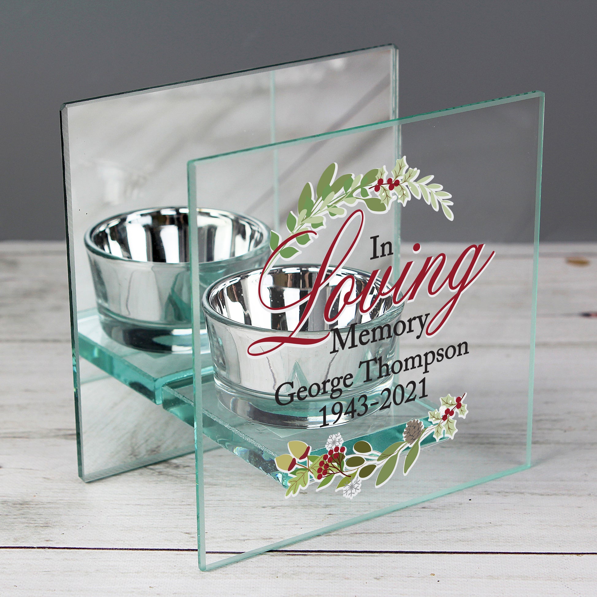 Personalised In Loving Memory Christmas Mirrored Glass Tea Light Candle Holder - MK&JD Gifts