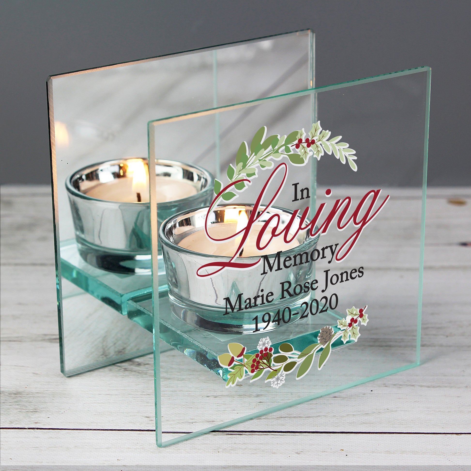 Personalised In Loving Memory Christmas Mirrored Glass Tea Light Candle Holder - MK&JD Gifts