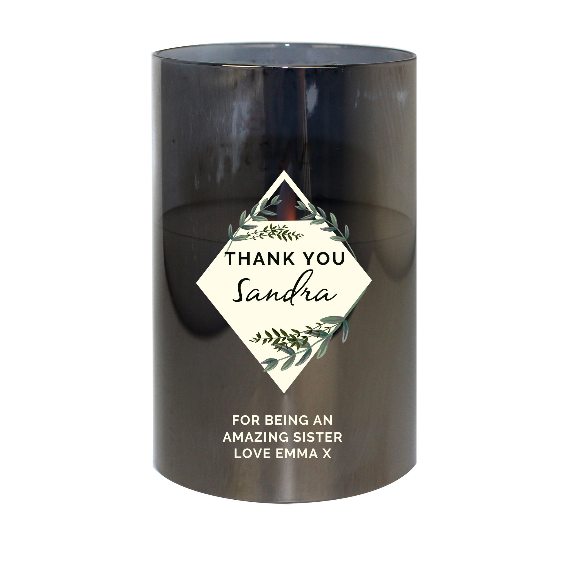 Personalised Botanical Smoked Glass LED Candle - MK&JD Gifts