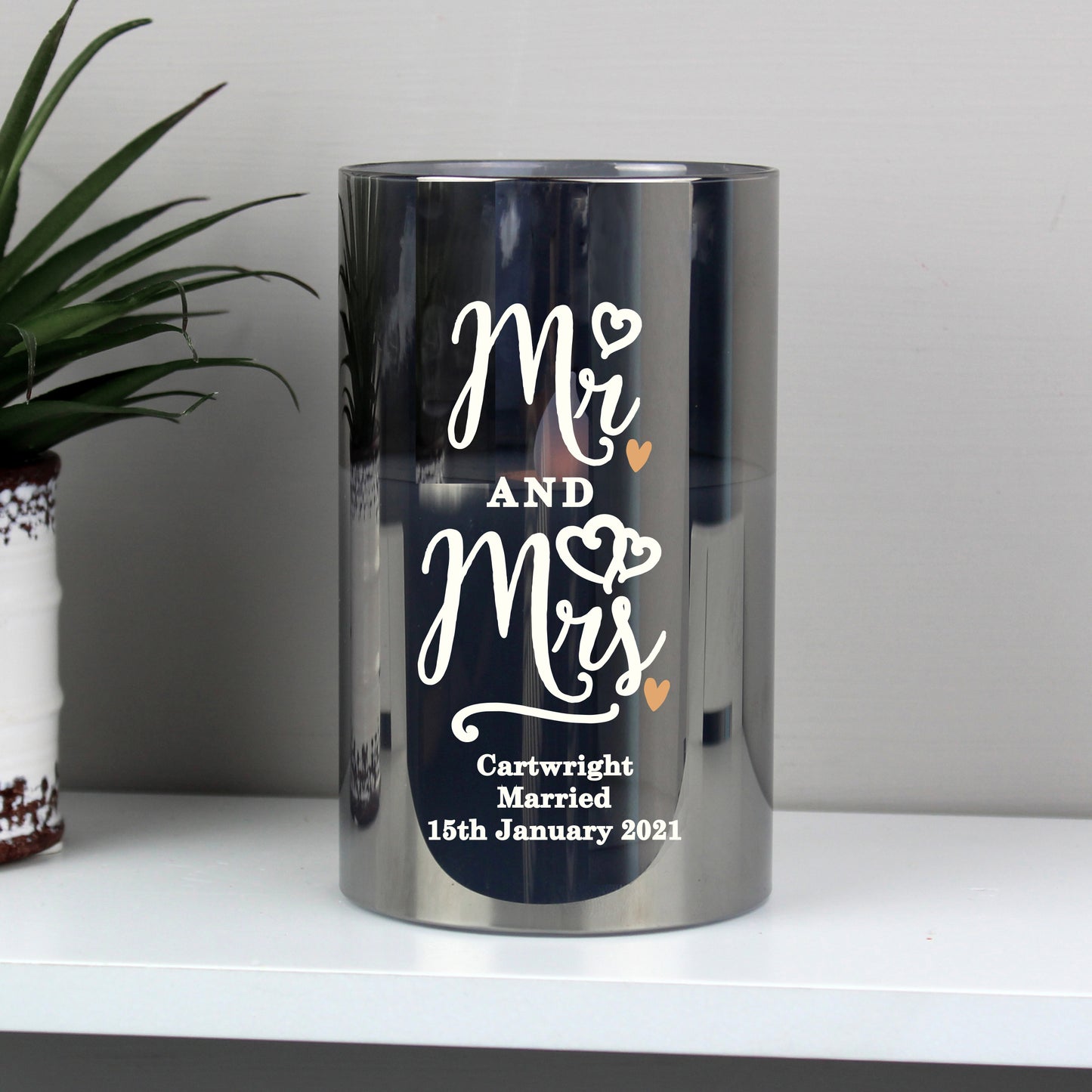 Personalised Mr & Mrs Smoked Glass LED Candle - MK&JD Gifts