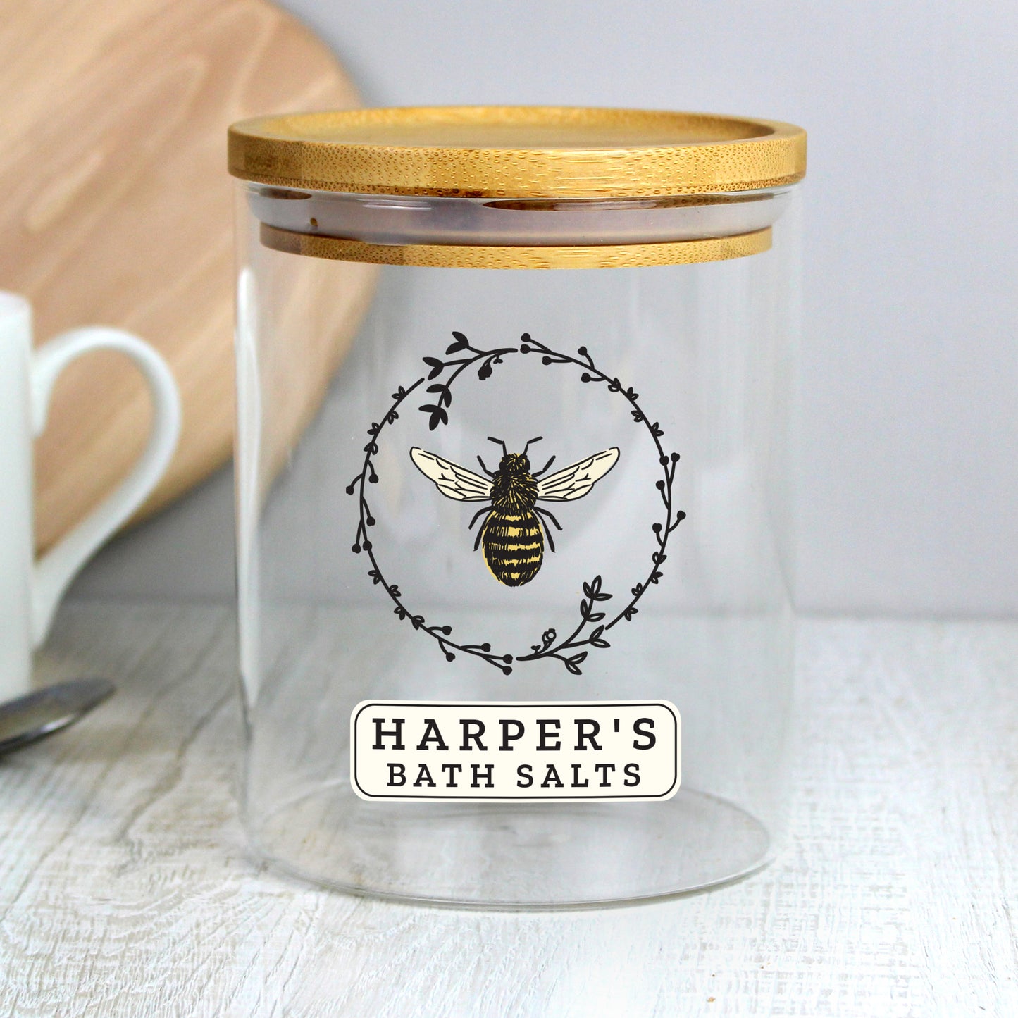 Personalised Bee Glass Jar with Bamboo Lid - MK&JD Gifts
