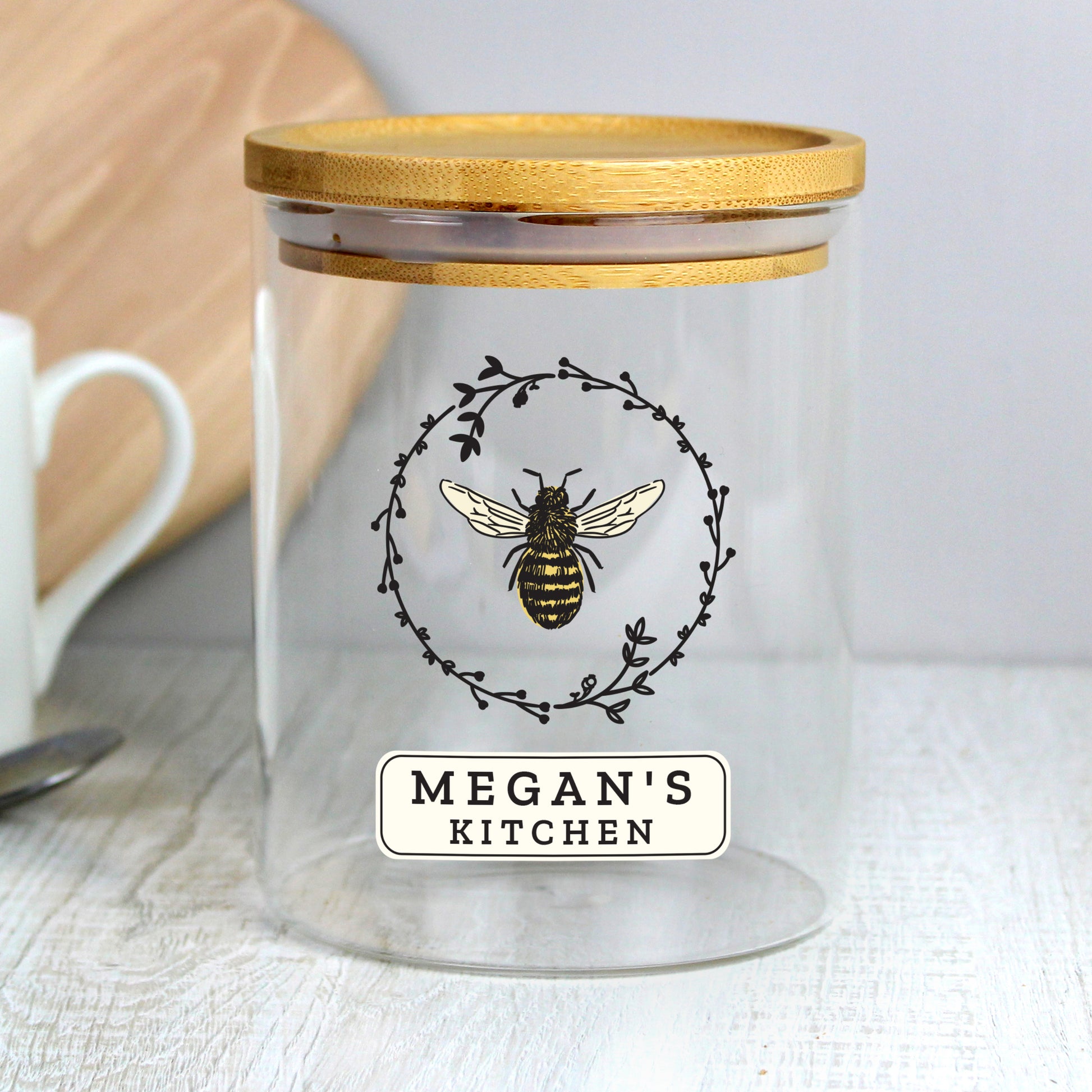 Personalised Bee Glass Jar with Bamboo Lid - MK&JD Gifts