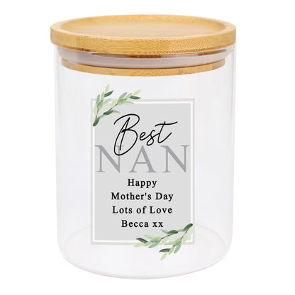 Personalised Botanical Glass Jar with Bamboo Lid - MK&JD Gifts